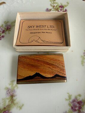 Vintage 1970s Sky West Inlaid Wood Mountain Scene Inlaid Wood Original box Paper